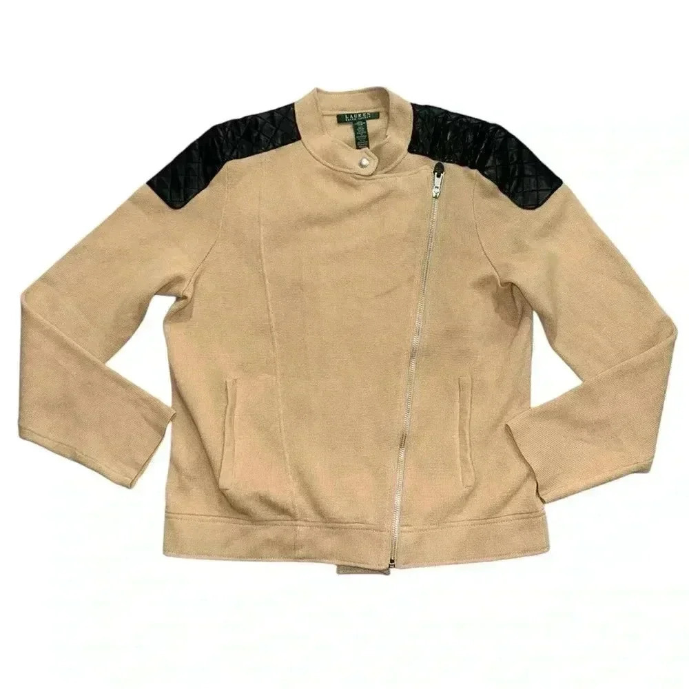 NEW Lauren Ralph Lauren Asymmetrical Zip Up Knit Jacket Sweater Size L